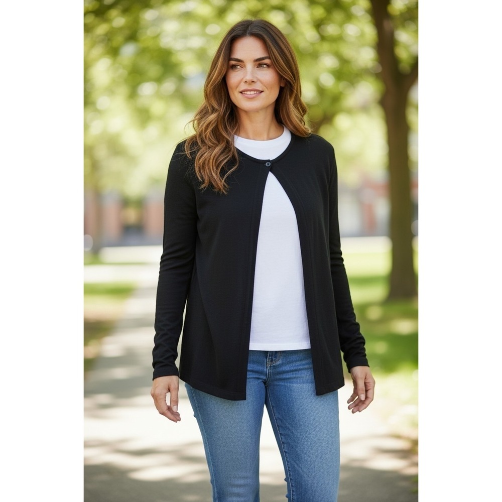 Eileen Fisher Black 1 Button Cardigan Sweater Open Front Minimalist Casual Chic